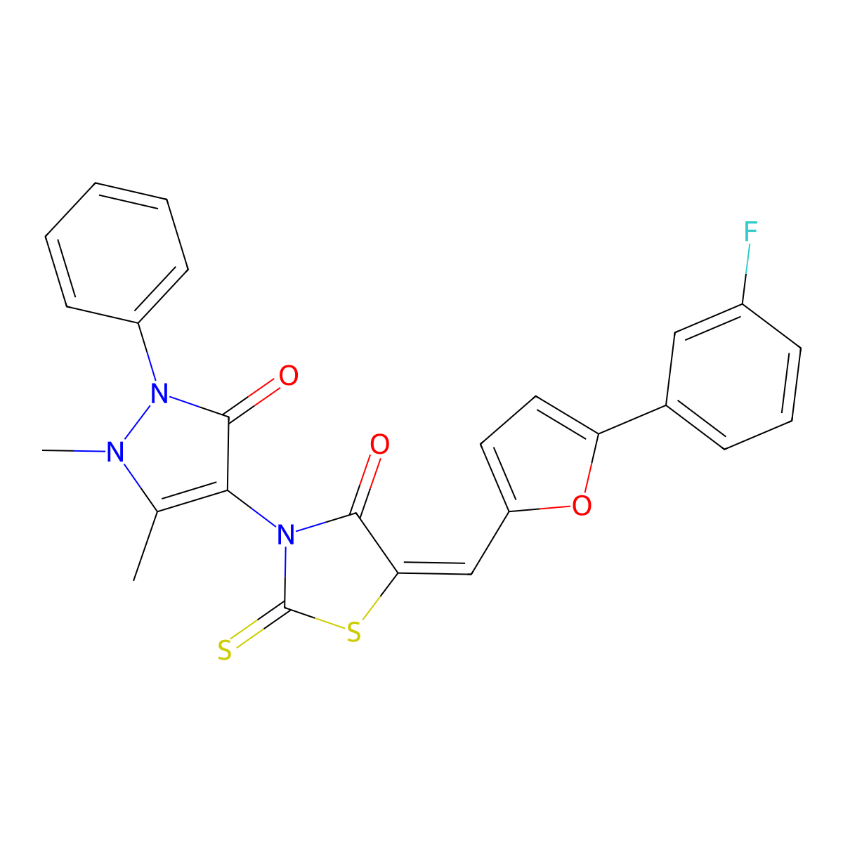 3-(2,3-Dihydro-1,5-dimethyl-3-oxo-2-phenyl-1H-pyrazol-4-yl)-5-[[5-(3-fluorophenyl)-2-furanyl]methylene]-2-thioxo-4-thiazolidinone molecular structure, CAS 1018165-08-6