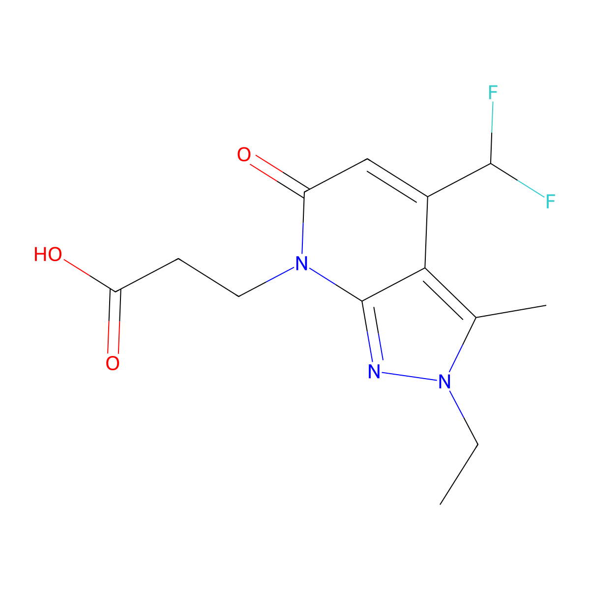 3-[4-(difluoromethyl)-2-ethyl-3-methyl-6-oxo-2,6-dihydro-7H-pyrazolo[3,4-b]pyridin-7-yl]propanoic acid molecular structure, CAS 1018165-50-8