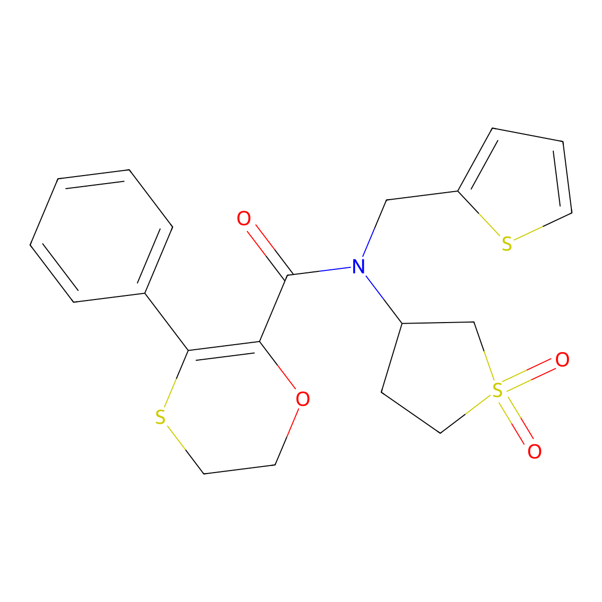 N-(1,1-dioxidotetrahydrothiophen-3-yl)-3-phenyl-N-(thiophen-2-ylmethyl)-5,6-dihydro-1,4-oxathiine-2-carboxamide molecular structure, CAS 1018166-00-1