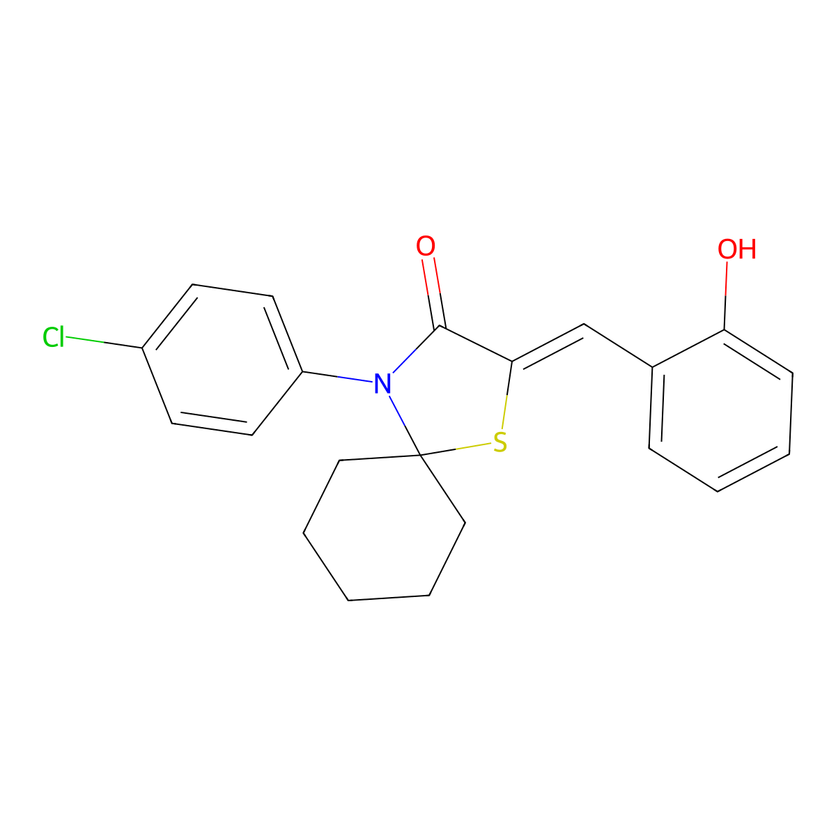 4-(4-Chlorophenyl)-2-[(2-hydroxyphenyl)methylene]-1-thia-4-azaspiro[4.5]decan-3-one molecular structure, CAS 1018166-02-3