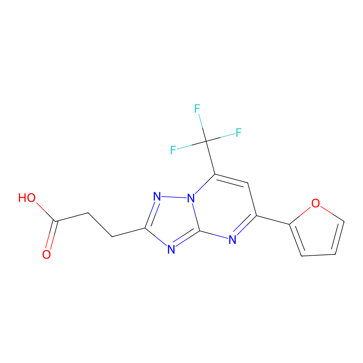 3-(5-(Furan-2-yl)-7-(trifluoromethyl)-[1,2,4]triazolo[1,5-a]pyrimidin-2-yl)propanoic acid molecular structure, CAS 1018166-13-6