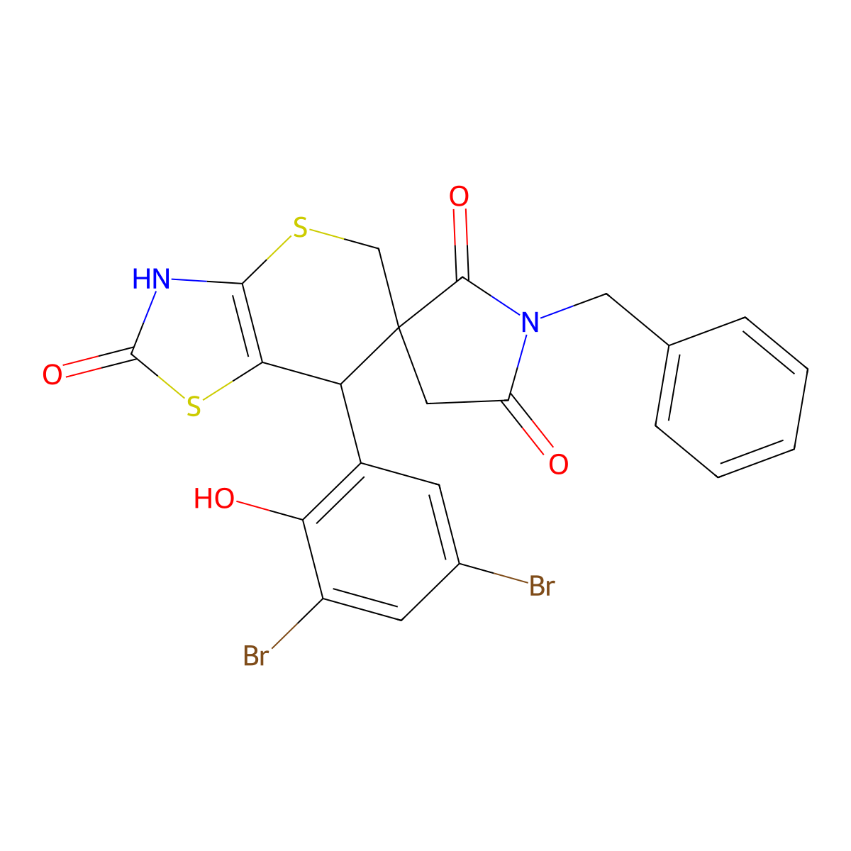 Spiro[pyrrolidine-3,6'(5'H)-[2H]thiopyrano[2,3-d]thiazole]-2,2',5-trione, 7'-(3,5-dibromo-2-hydroxyphenyl)-3',7'-dihydro-1-(phenylmethyl)- molecular structure, CAS 1018166-14-7