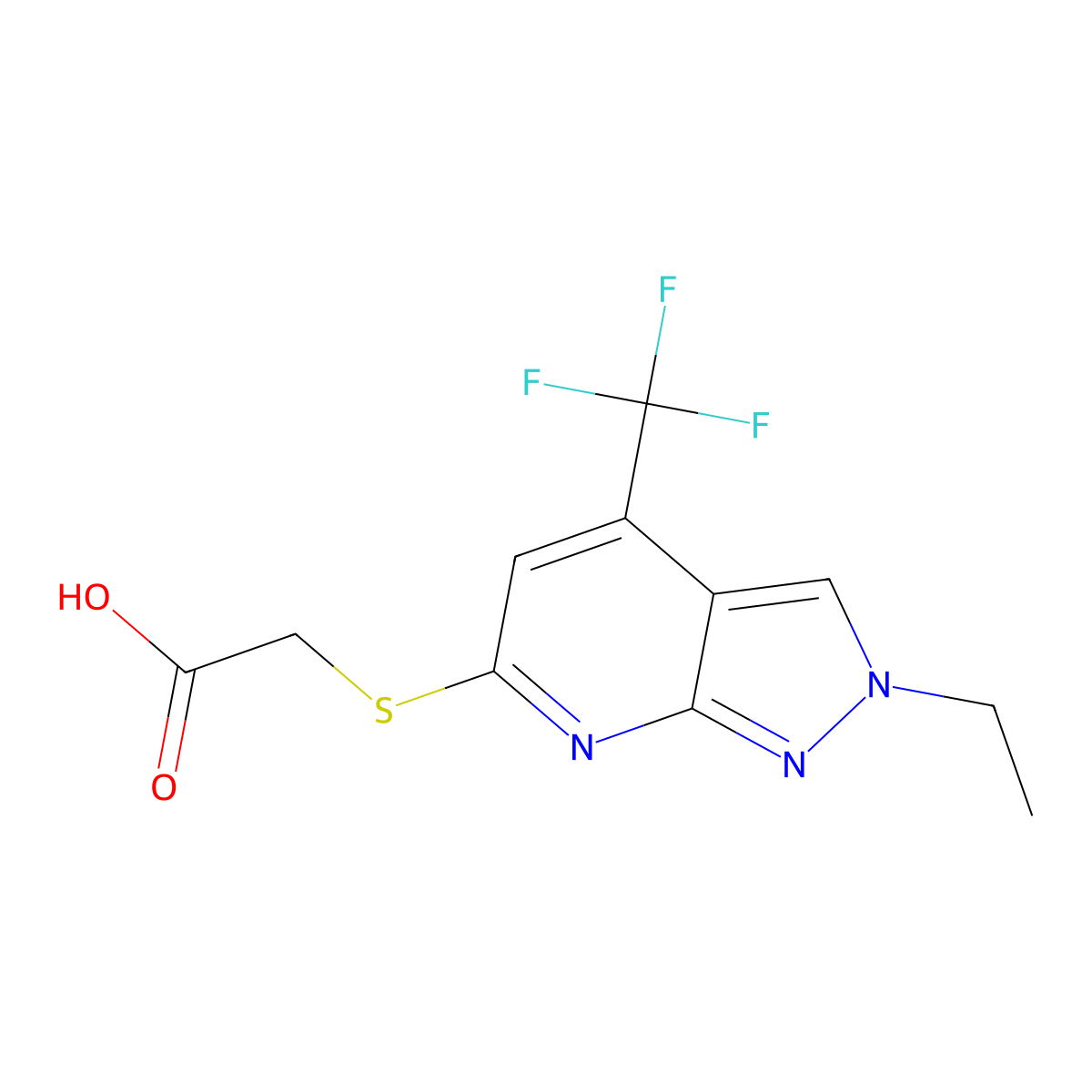 2-((2-Ethyl-4-(trifluoromethyl)-2H-pyrazolo[3,4-b]pyridin-6-yl)thio)acetic acid molecular structure, CAS 1018166-25-0
