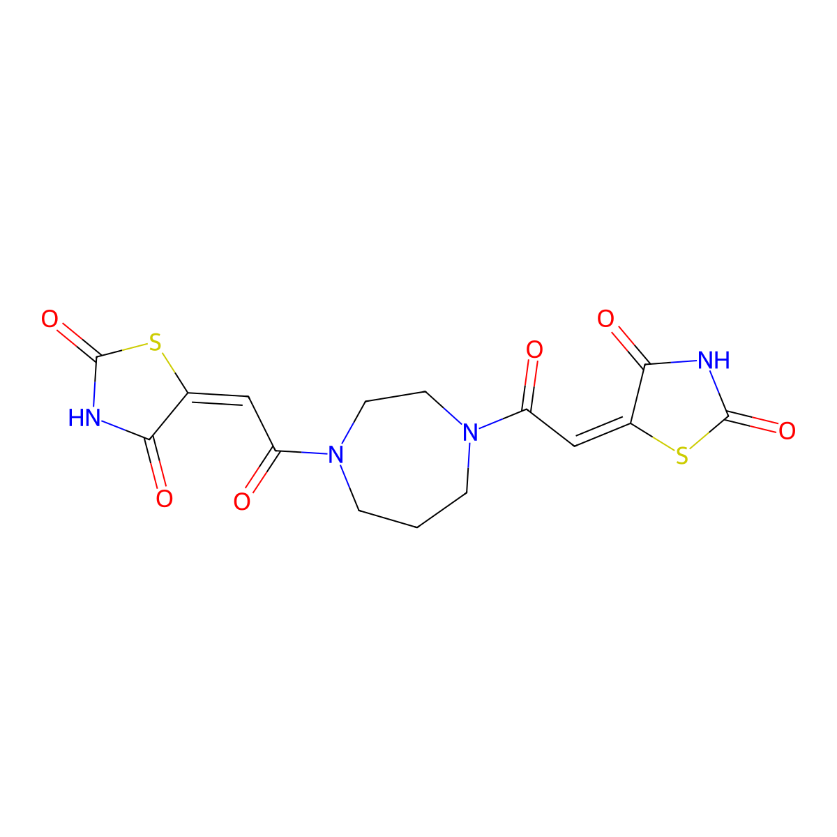 2,4-Thiazolidinedione, 5-[2-[4-[2-(2,4-dioxo-5-thiazolidinylidene)acetyl]hexahydro-1H-1,4-diazepin-1-yl]-2-oxoethylidene]- molecular structure, CAS 1018166-30-7
