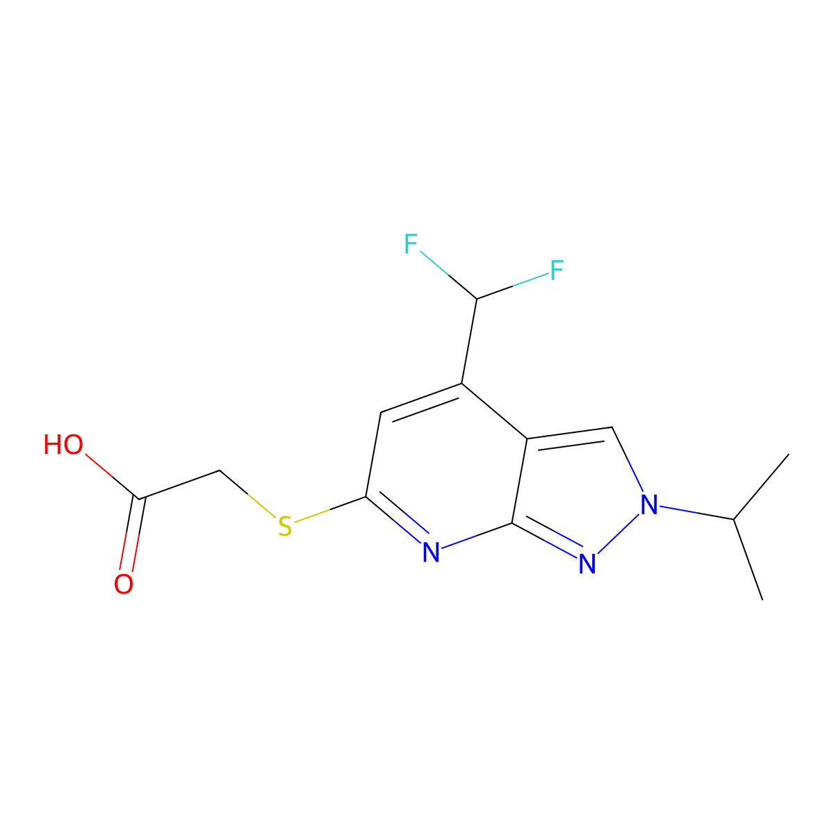 2-((4-(Difluoromethyl)-2-isopropyl-2H-pyrazolo[3,4-b]pyridin-6-yl)thio)acetic acid molecular structure, CAS 1018166-33-0