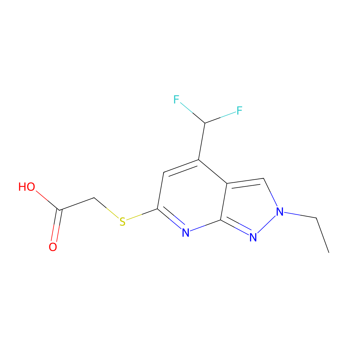 2-((4-(Difluoromethyl)-2-ethyl-2H-pyrazolo[3,4-b]pyridin-6-yl)thio)acetic acid molecular structure, CAS 1018166-37-4