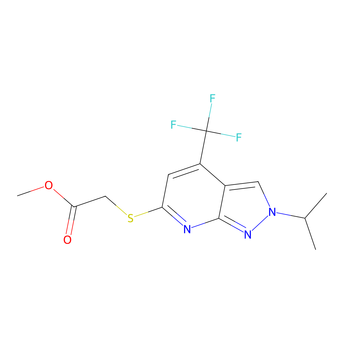 Methyl 2-((2-isopropyl-4-(trifluoromethyl)-2H-pyrazolo[3,4-b]pyridin-6-yl)thio)acetate molecular structure, CAS 1018166-69-2