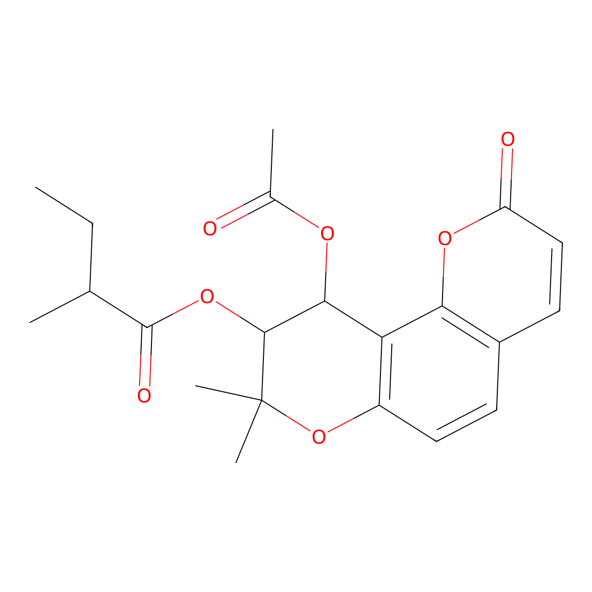 (10-Acetyloxy-8,8-dimethyl-2-oxo-9,10-dihydropyrano[2,3-f]chromen-9-yl) 2-methylbutanoate molecular structure, CAS 10182-81-7