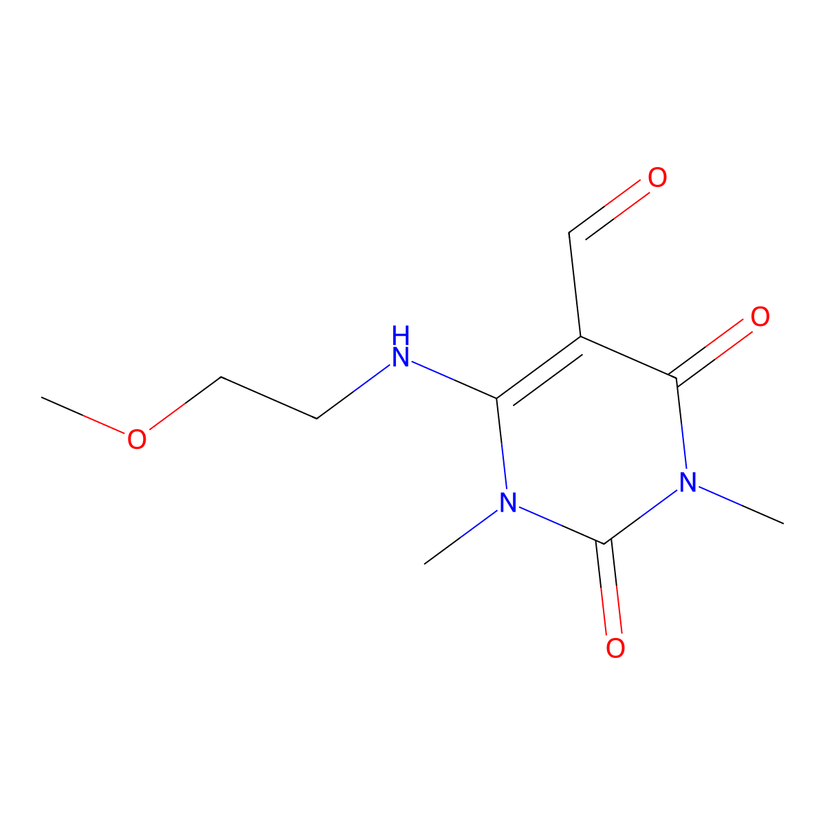 6-((2-Methoxyethyl)amino)-1,3-dimethyl-2,4-dioxo-1,2,3,4-tetrahydropyrimidine-5-carbaldehyde molecular structure, CAS 1018301-05-7