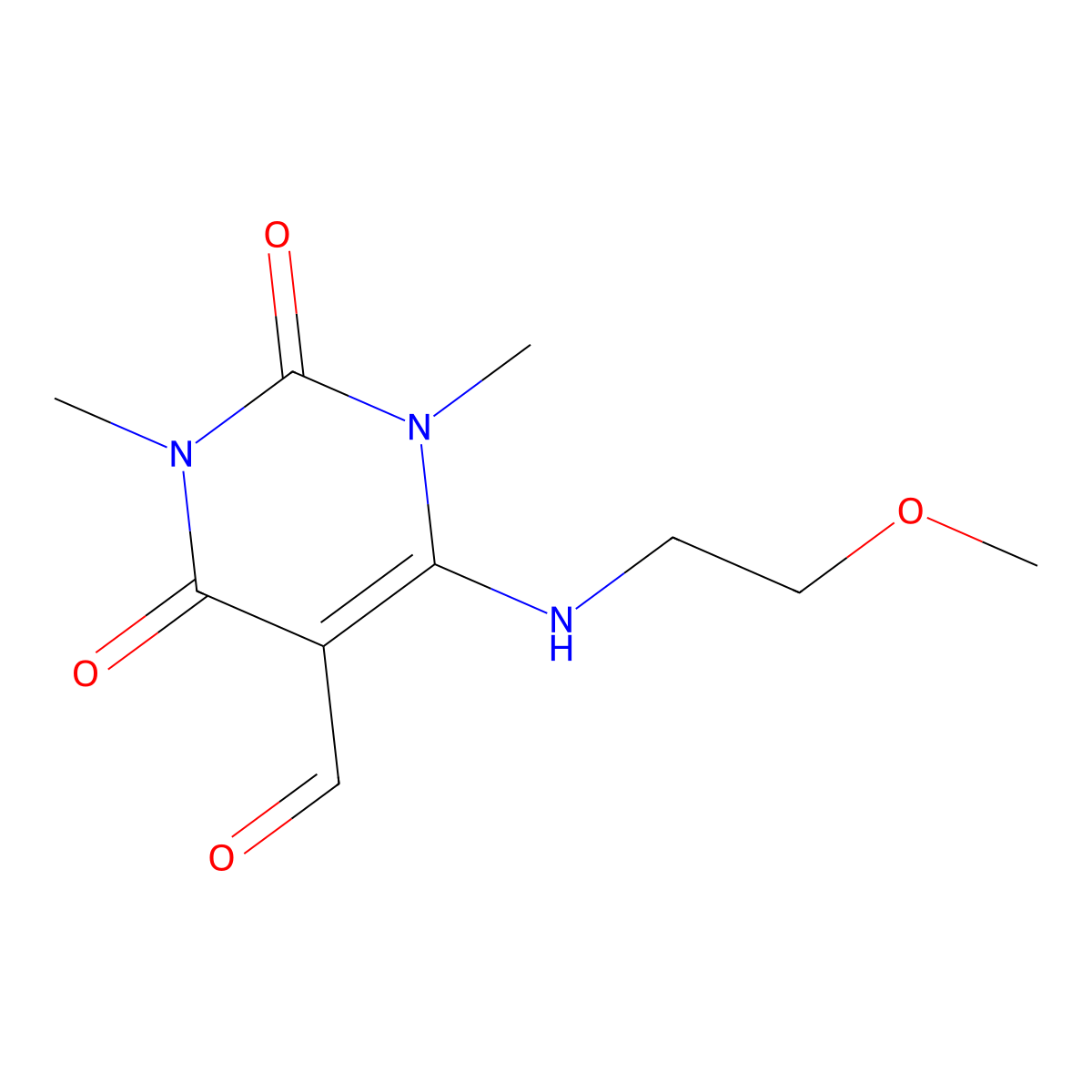 6-((2-Methoxyethyl)amino)-1,3-dimethyl-2,4-dioxo-1,2,3,4-tetrahydropyrimidine-5-carbaldehyde molecular structure, CAS 1018301-05-7