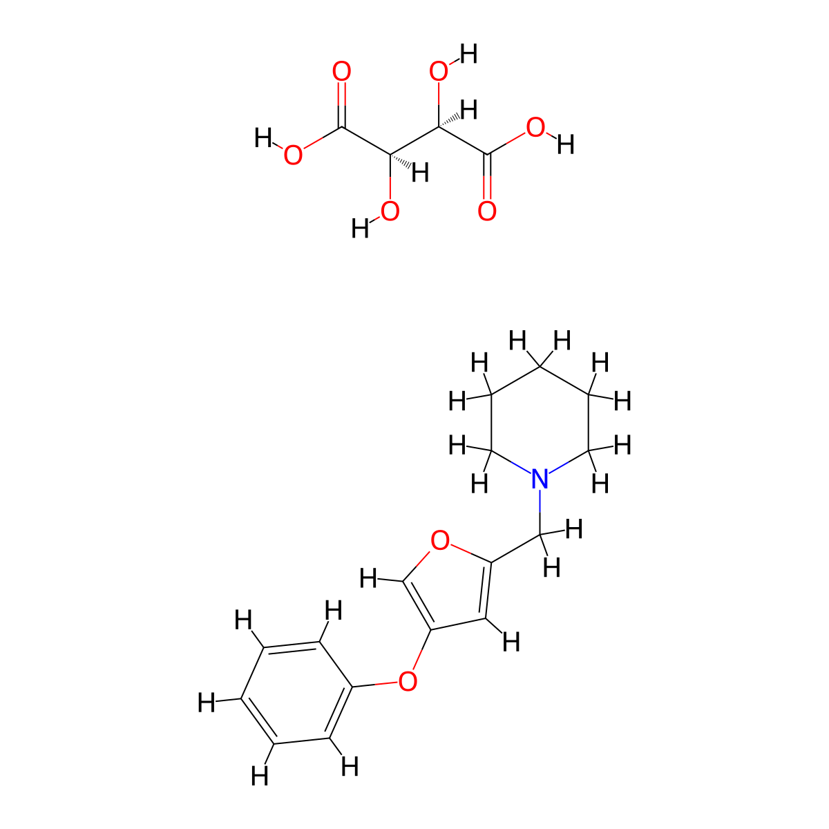 Furan, 2-(1-piperidinomethyl)-4-phenoxy-, tartrate molecular structure, CAS 101833-18-5