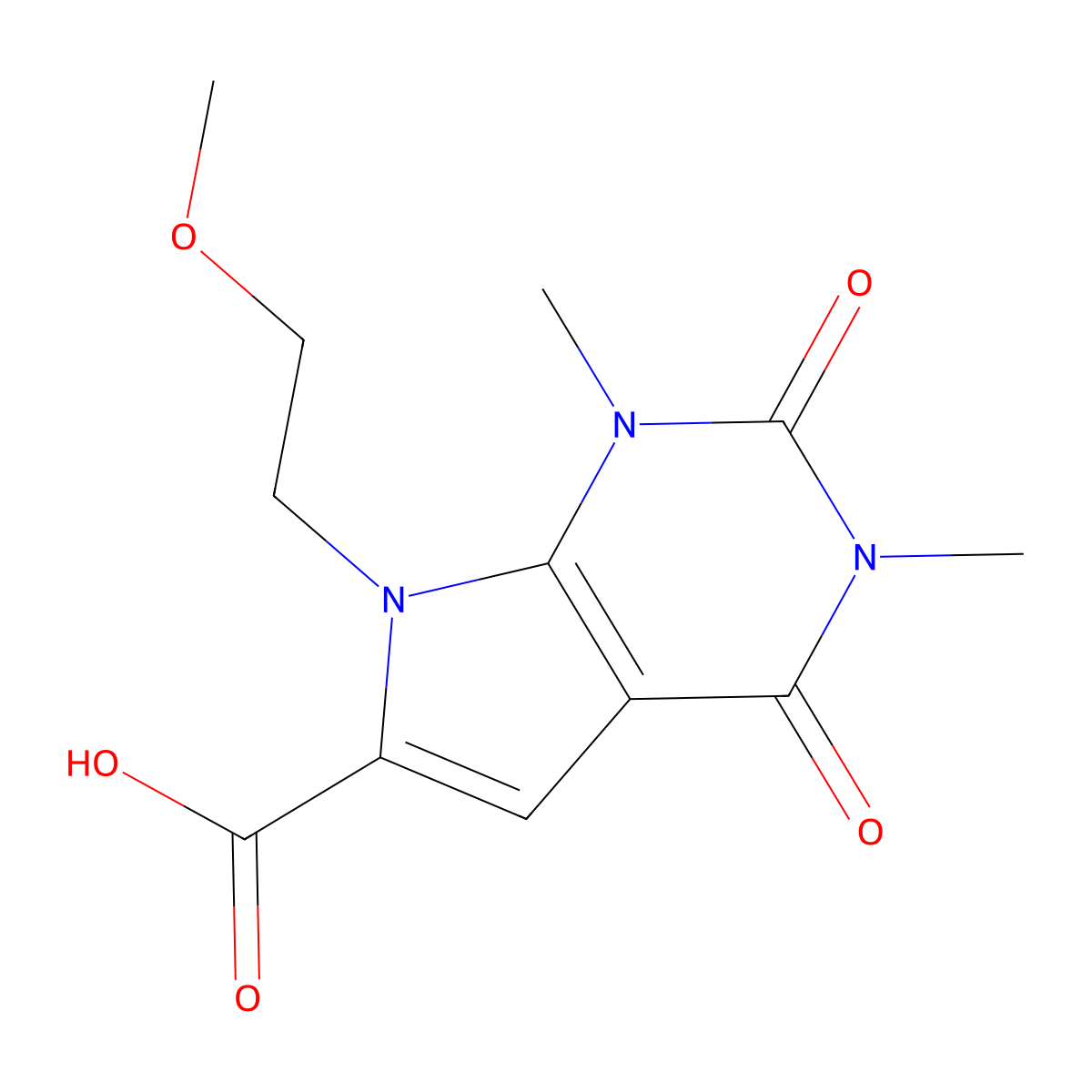 7-(2-methoxyethyl)-1,3-dimethyl-2,4-dioxo-2,3,4,7-tetrahydro-1H-pyrrolo[2,3-d]pyrimidine-6-carboxylic acid molecular structure, CAS 1018501-32-0