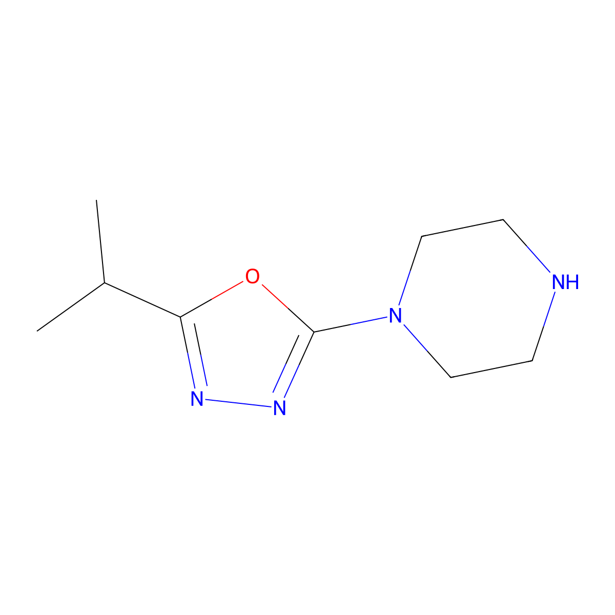 2-Piperazin-1-yl-5-propan-2-yl-1,3,4-oxadiazole molecular structure, CAS 1018607-57-2