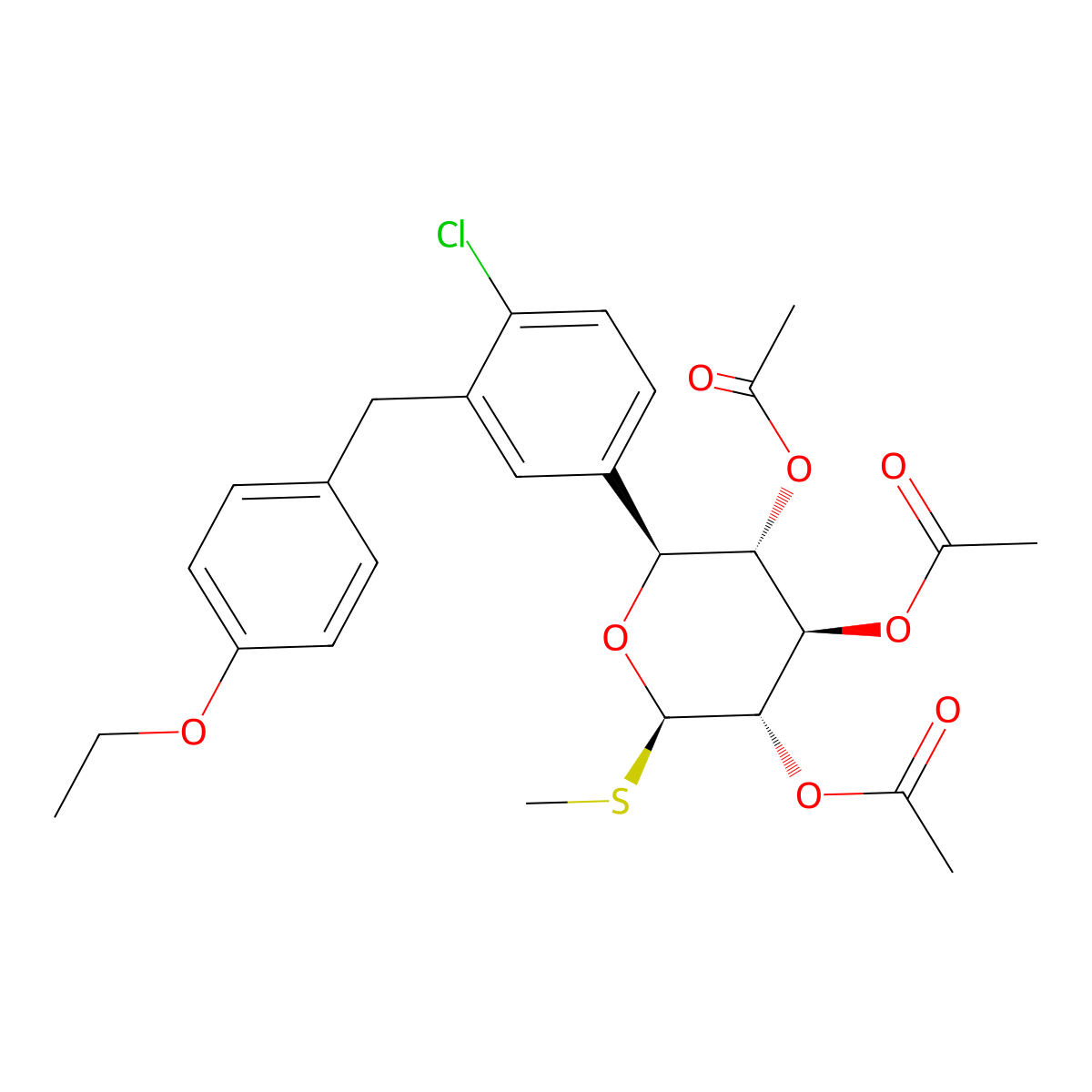 beta-L-Xylopyranoside, methyl 5-C-(4-chloro-3-((4-ethoxyphenyl)methyl)phenyl)-1-thio-, 2,3,4-triacetate, (5S)- molecular structure, CAS 1018899-03-0