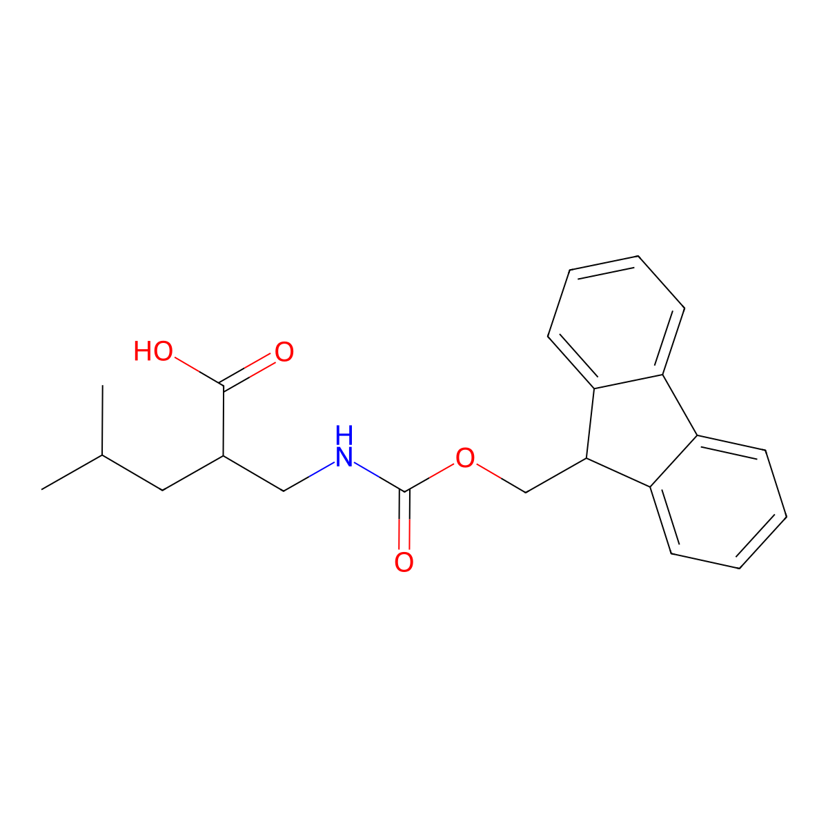 (R)-2-(((((9H-fluoren-9-yl)methoxy)carbonyl)amino)methyl)-4-methylpentanoic acid molecular structure, CAS 1018899-99-4