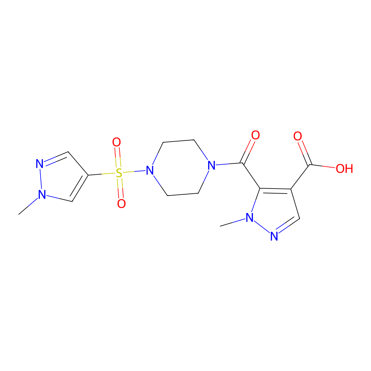 1-methyl-5-({4-[(1-methyl-1H-pyrazol-4-yl)sulfonyl]piperazin-1-yl}carbonyl)-1H-pyrazole-4-carboxylic acid molecular structure, CAS 1018994-82-5