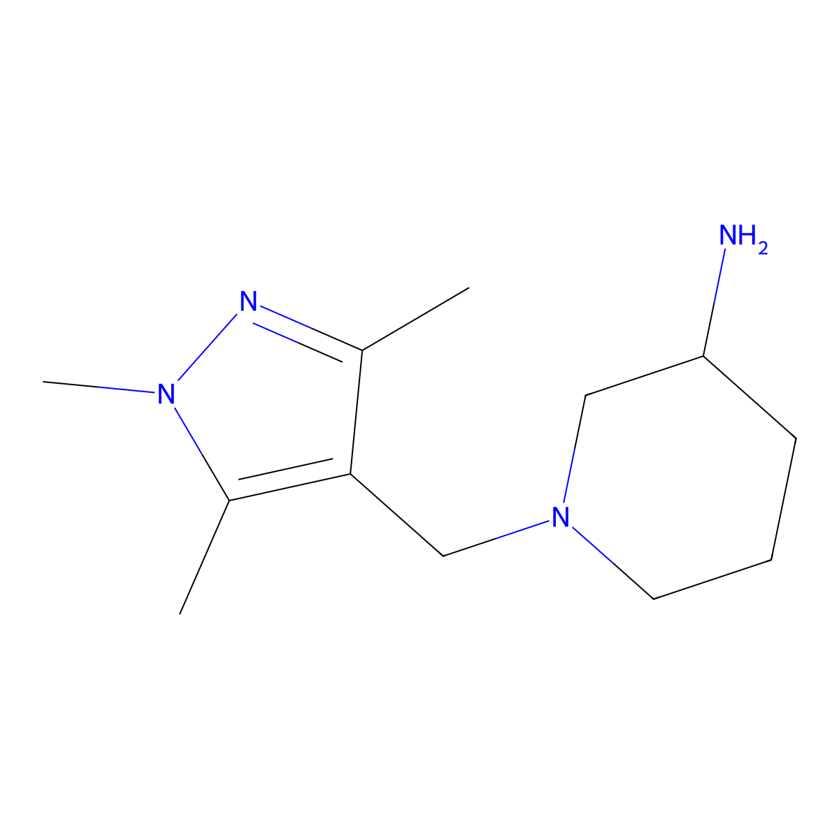 1-((1,3,5-trimethyl-1H-pyrazol-4-yl)methyl)piperidin-3-amine molecular structure, CAS 1018995-75-9