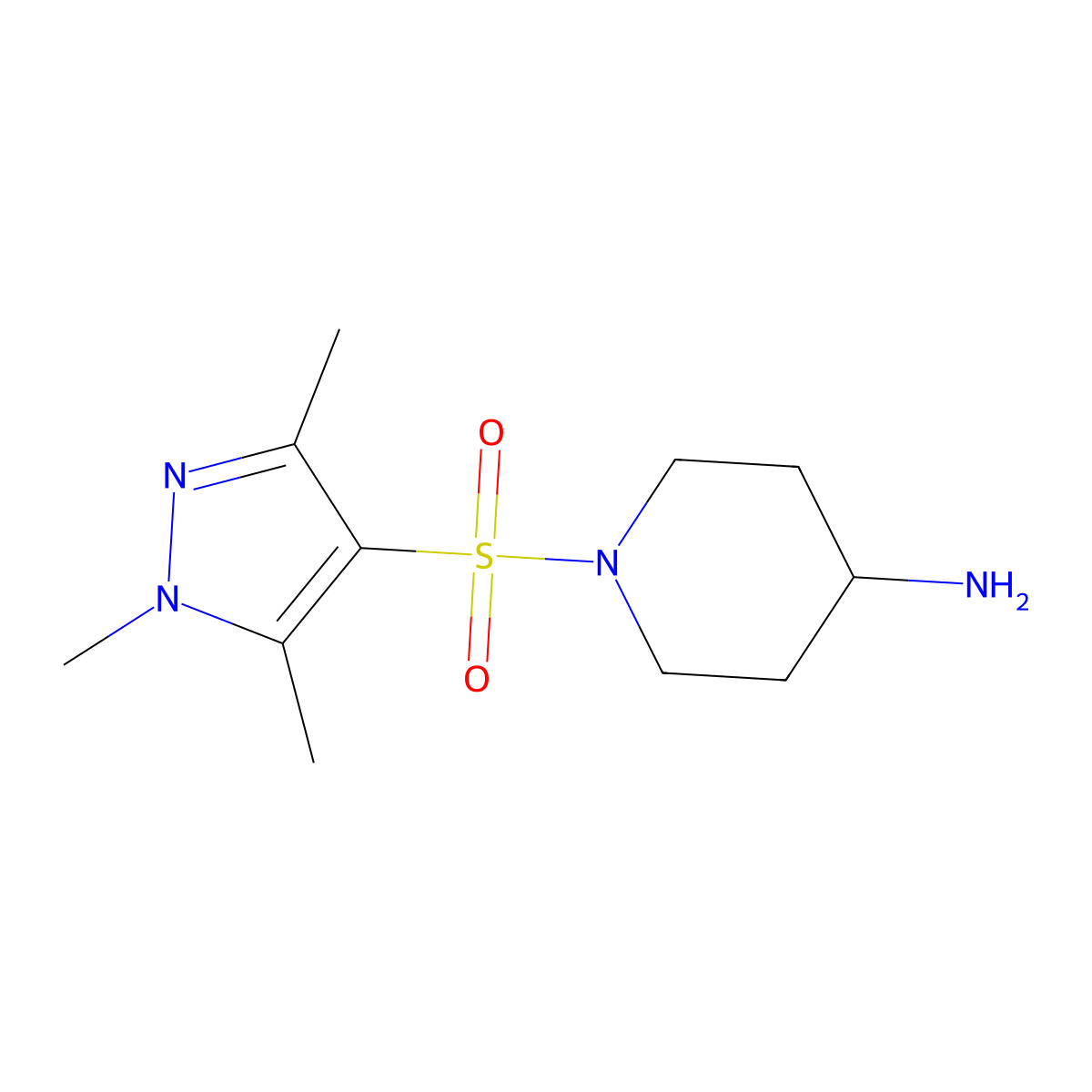 1-((1,3,5-trimethyl-1H-pyrazol-4-yl)sulfonyl)piperidin-4-amine molecular structure, CAS 1018996-06-9