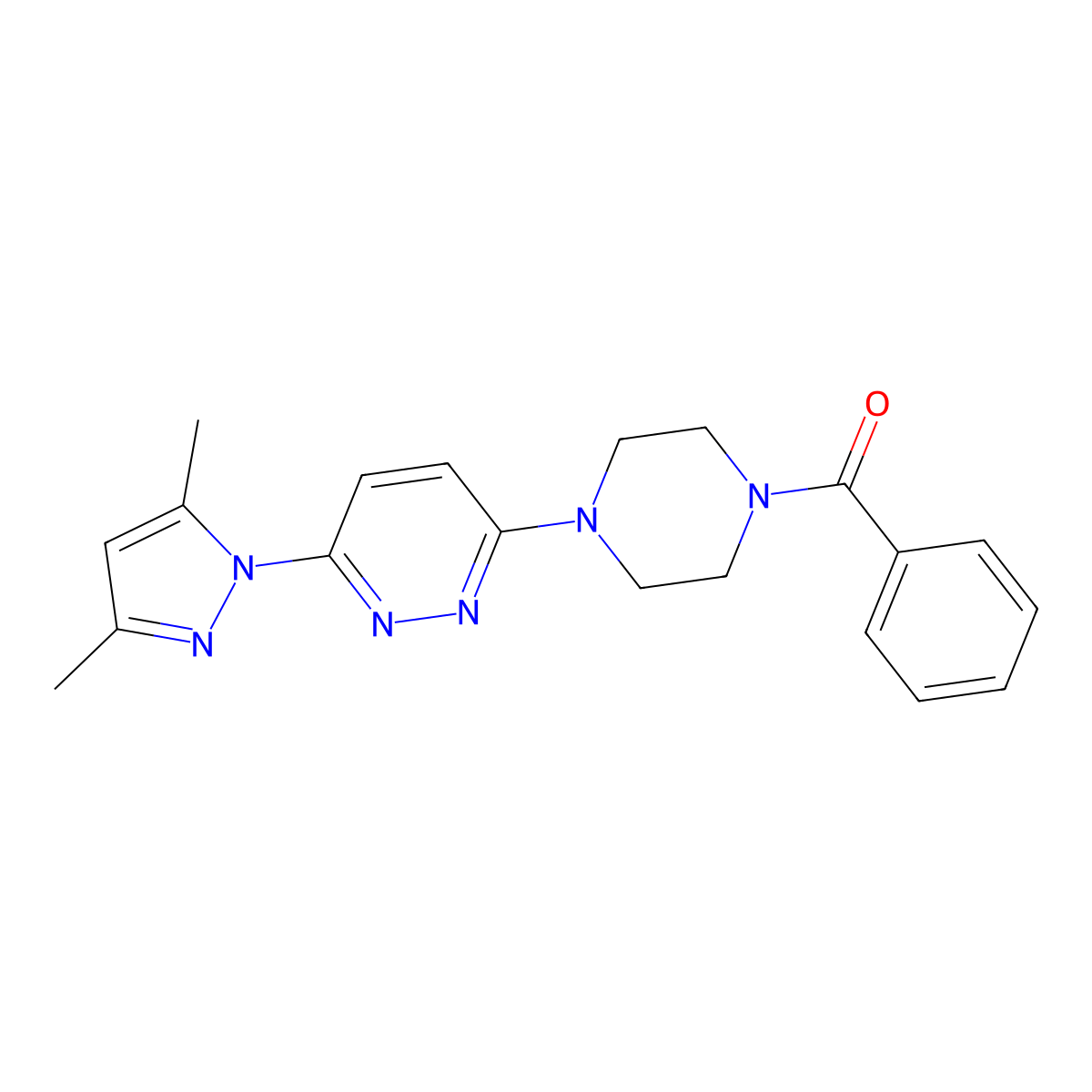 (4-(6-(3,5-dimethyl-1H-pyrazol-1-yl)pyridazin-3-yl)piperazin-1-yl)(phenyl)methanone molecular structure, CAS 1018998-90-7