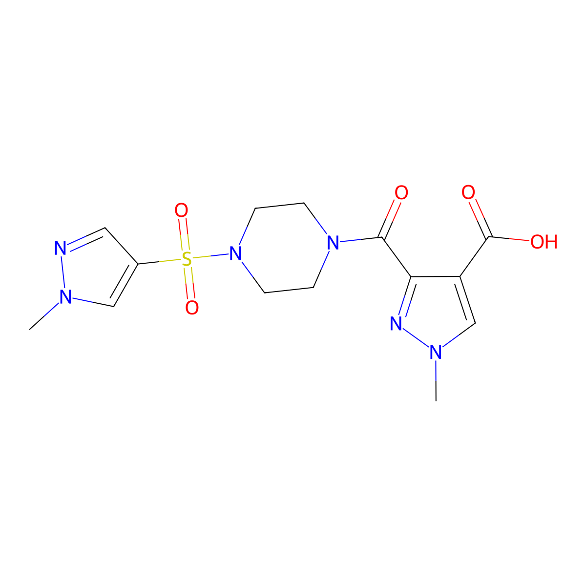 1-methyl-3-({4-[(1-methyl-1H-pyrazol-4-yl)sulfonyl]piperazin-1-yl}carbonyl)-1H-pyrazole-4-carboxylic acid molecular structure, CAS 1018999-16-0