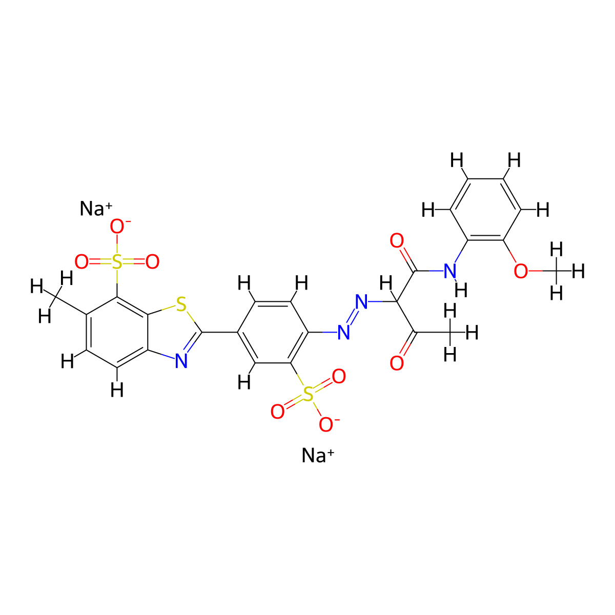 7-benzothiazolesulfonic acid, 2-(4-((1-(((2-methoxyphenyl)amino)carbonyl)-2-oxopropyl)azo)-3-sulfophenyl)-6-methyl-, disodium salt molecular structure, CAS 10190-68-8