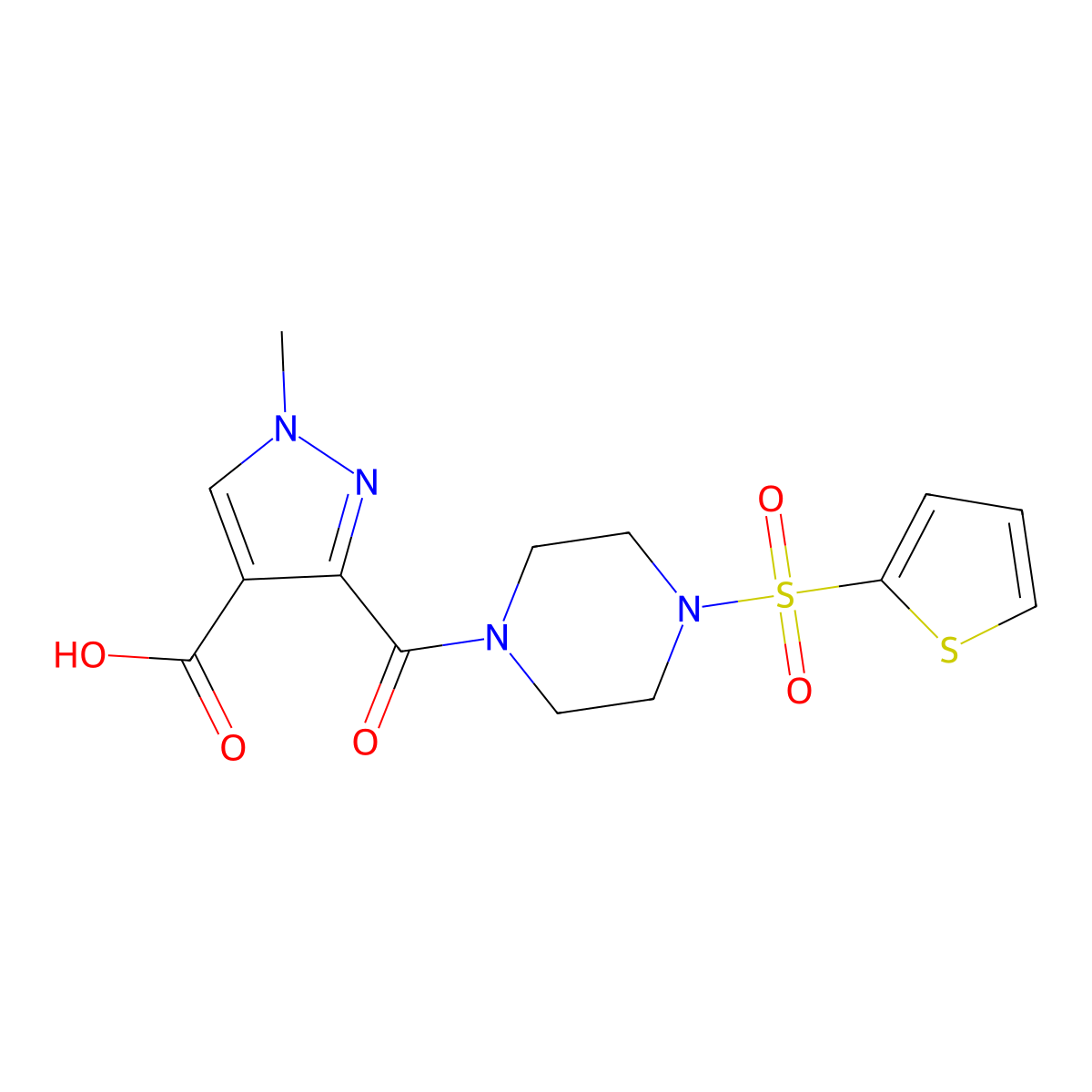 1-methyl-3-{[4-(thiophen-2-ylsulfonyl)piperazin-1-yl]carbonyl}-1H-pyrazole-4-carboxylic acid molecular structure, CAS 1019004-11-5