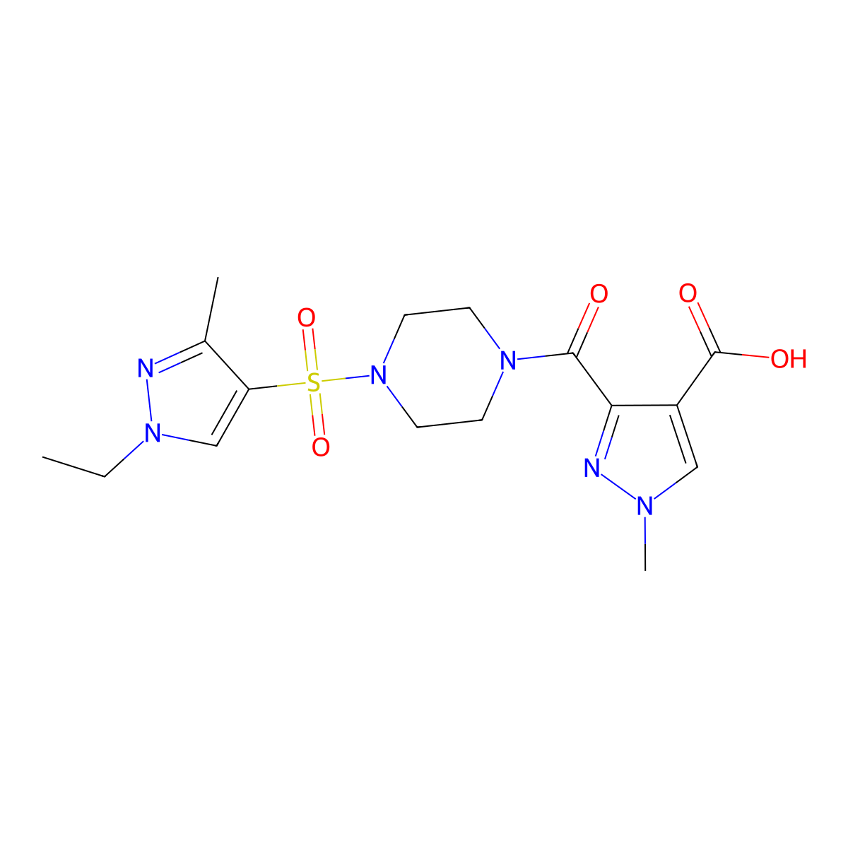 3-({4-[(1-ethyl-3-methyl-1H-pyrazol-4-yl)sulfonyl]piperazin-1-yl}carbonyl)-1-methyl-1H-pyrazole-4-carboxylic acid molecular structure, CAS 1019004-14-8
