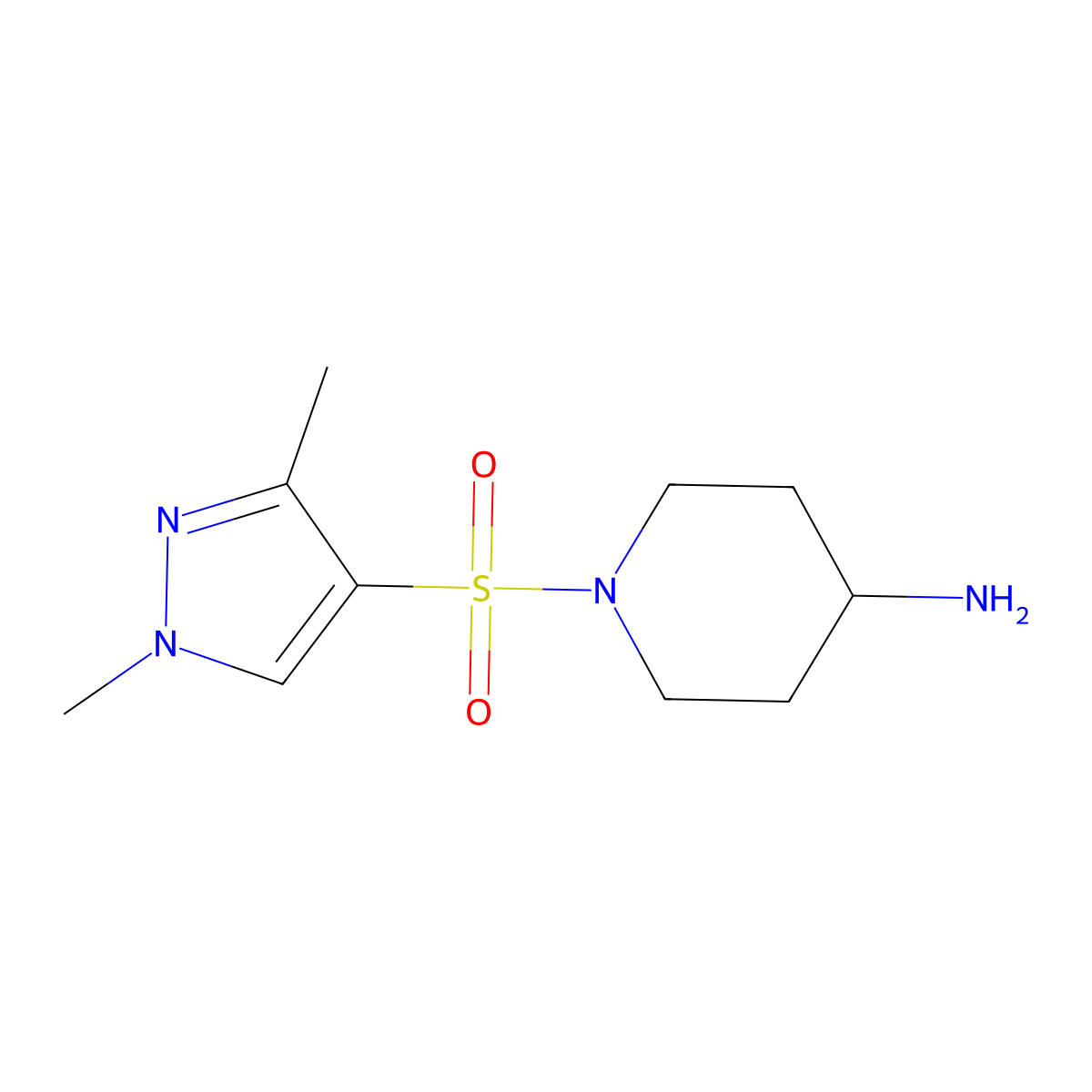 1-((1,3-dimethyl-1H-pyrazol-4-yl)sulfonyl)piperidin-4-amine molecular structure, CAS 1019006-22-4