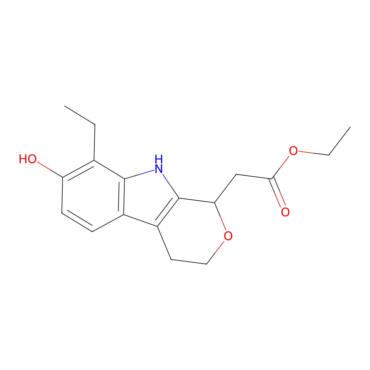 Ethyl (8-ethyl-7-hydroxy-1,3,4,9-tetrahydropyrano(3,4-b)indol-1-yl)acetate molecular structure, CAS 101901-07-9