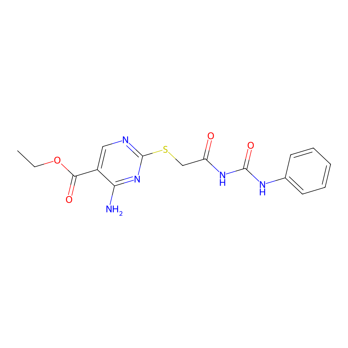 Ethyl 4-amino-2-({2-[(anilinocarbonyl)amino]-2-oxoethyl}sulfanyl)-5-pyrimidinecarboxylate molecular structure, CAS 1019014-18-6