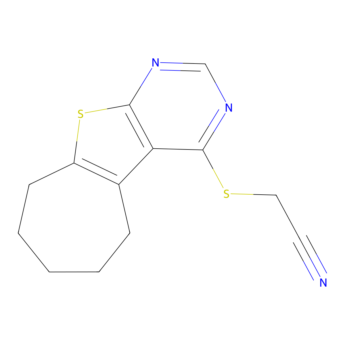 (6,7,8,9-tetrahydro-5H-cyclohepta[4,5]thieno[2,3-d]pyrimidin-4-ylsulfanyl)acetonitrile molecular structure, CAS 1019016-67-1