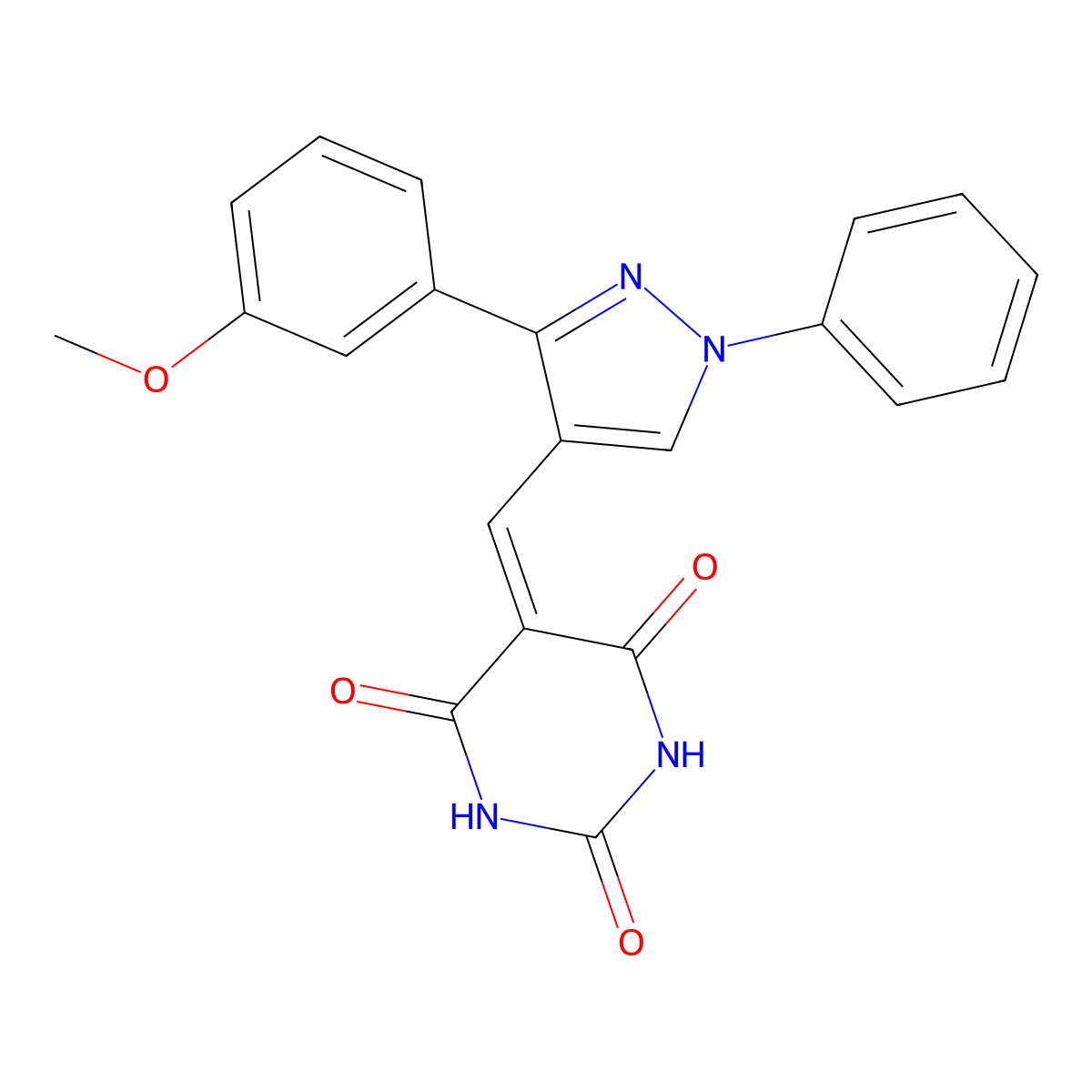 5-((3-(3-methoxyphenyl)-1-phenyl-1H-pyrazol-4-yl)methylene)pyrimidine-2,4,6(1H,3H,5H)-trione molecular structure, CAS 1019067-17-4