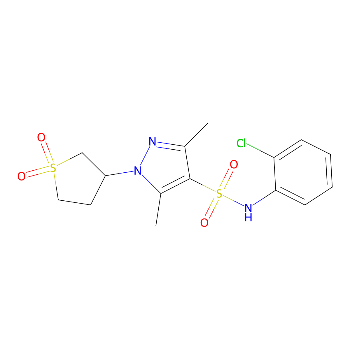 N-(2-chlorophenyl)-1-(1,1-dioxidotetrahydrothiophen-3-yl)-3,5-dimethyl-1H-pyrazole-4-sulfonamide molecular structure, CAS 1019095-07-8