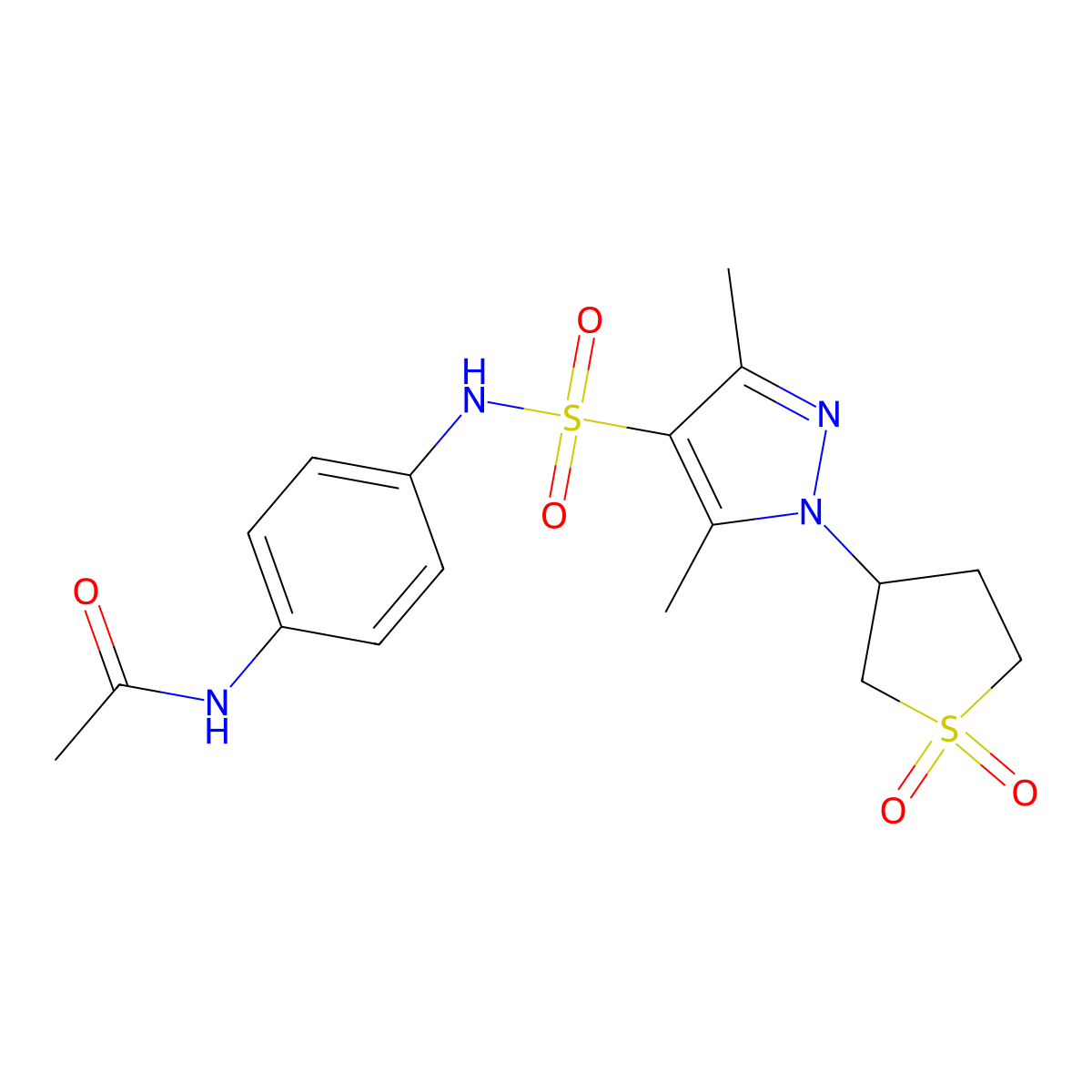 N-(4-(1-(1,1-dioxidotetrahydrothiophen-3-yl)-3,5-dimethyl-1H-pyrazole-4-sulfonamido)phenyl)acetamide molecular structure, CAS 1019095-09-0