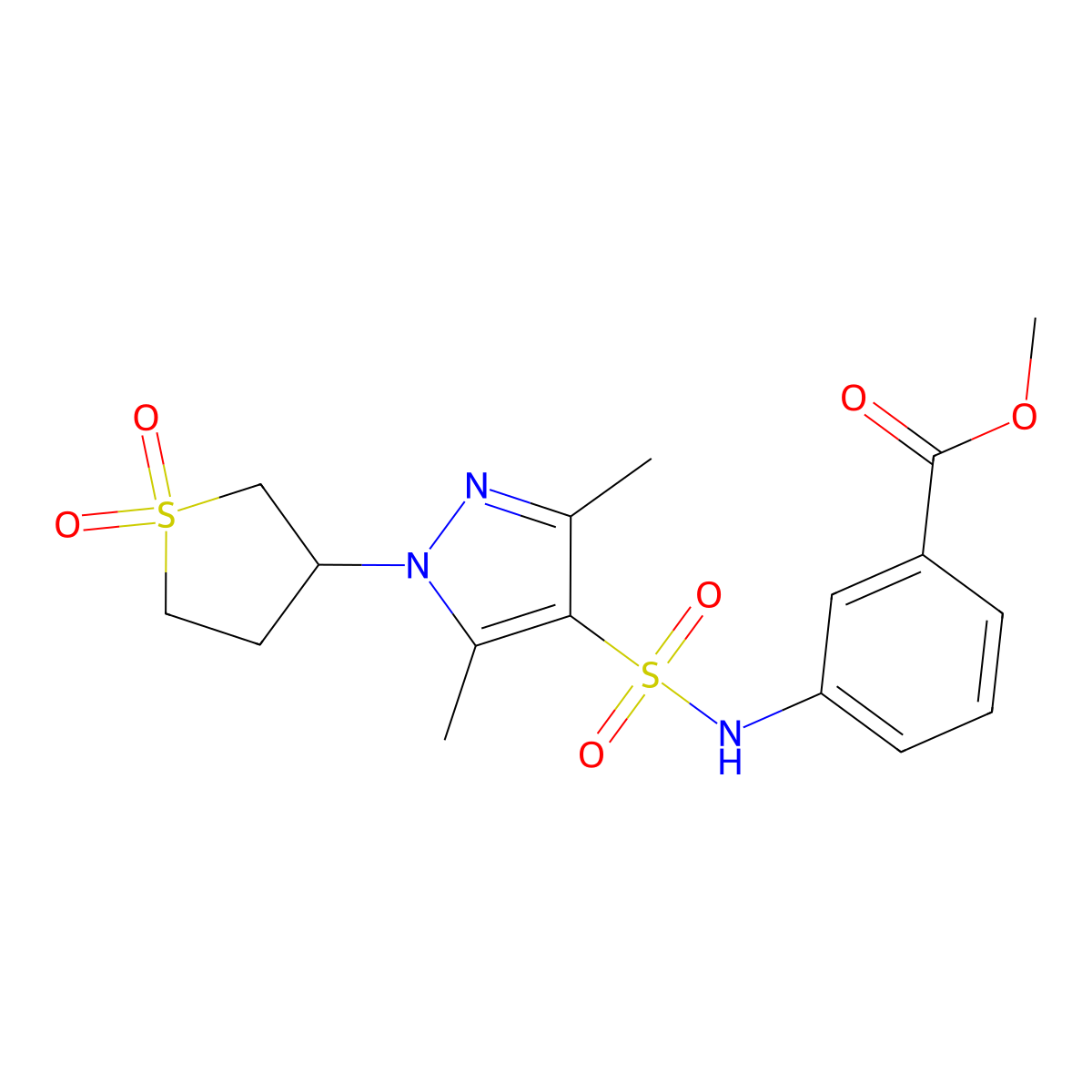 methyl 3-(1-(1,1-dioxidotetrahydrothiophen-3-yl)-3,5-dimethyl-1H-pyrazole-4-sulfonamido)benzoate molecular structure, CAS 1019095-11-4