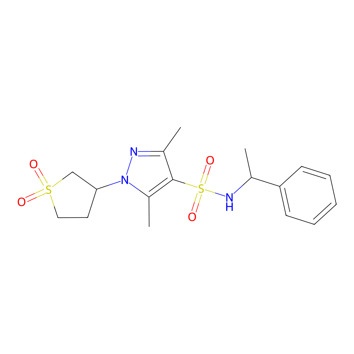 1-(1,1-dioxidotetrahydrothiophen-3-yl)-3,5-dimethyl-N-(1-phenylethyl)-1H-pyrazole-4-sulfonamide molecular structure, CAS 1019095-13-6
