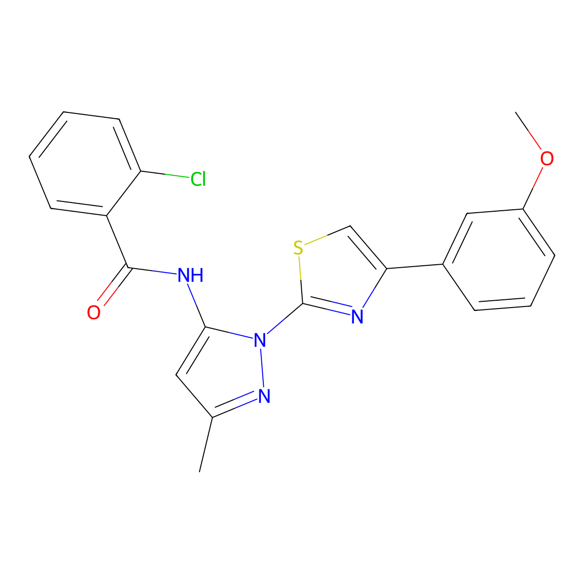 2-chloro-N-(1-(4-(3-methoxyphenyl)thiazol-2-yl)-3-methyl-1H-pyrazol-5-yl)benzamide molecular structure, CAS 1019095-15-8