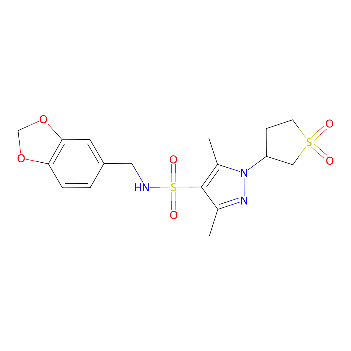 N-(benzo[d][1,3]dioxol-5-ylmethyl)-1-(1,1-dioxidotetrahydrothiophen-3-yl)-3,5-dimethyl-1H-pyrazole-4-sulfonamide molecular structure, CAS 1019095-16-9