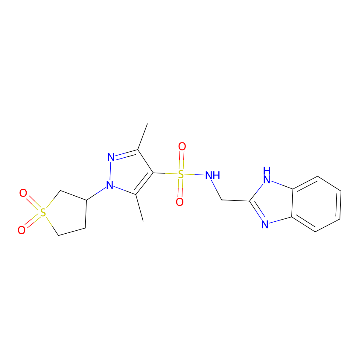 N-((1H-benzo[d]imidazol-2-yl)methyl)-1-(1,1-dioxidotetrahydrothiophen-3-yl)-3,5-dimethyl-1H-pyrazole-4-sulfonamide molecular structure, CAS 1019095-22-7