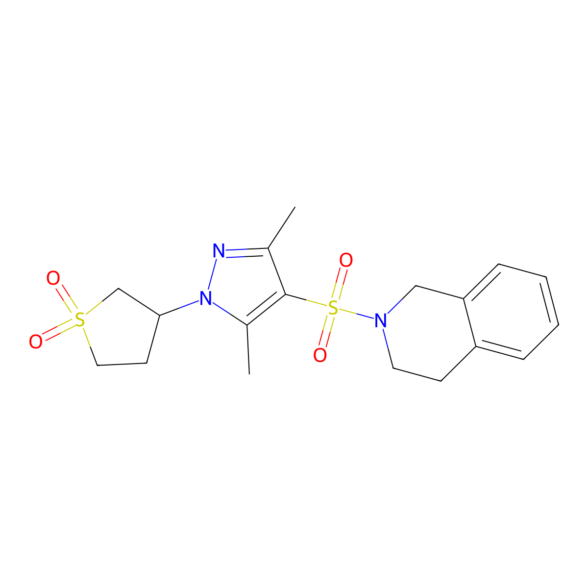 3-(4-((3,4-dihydroisoquinolin-2(1H)-yl)sulfonyl)-3,5-dimethyl-1H-pyrazol-1-yl)tetrahydrothiophene 1,1-dioxide molecular structure, CAS 1019095-25-0