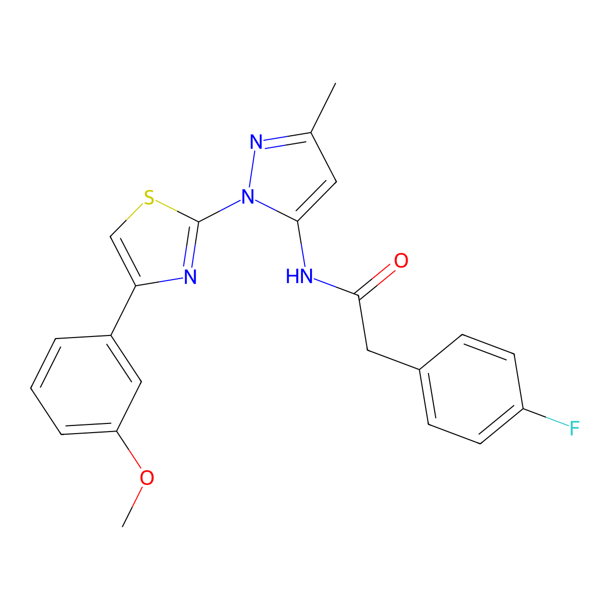 2-(4-fluorophenyl)-N-(1-(4-(3-methoxyphenyl)thiazol-2-yl)-3-methyl-1H-pyrazol-5-yl)acetamide molecular structure, CAS 1019095-34-1