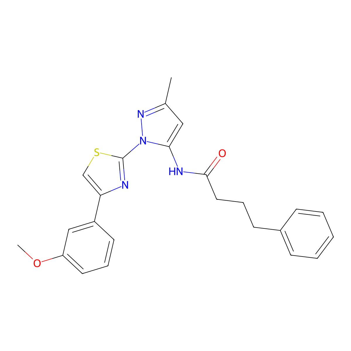 N-(1-(4-(3-methoxyphenyl)thiazol-2-yl)-3-methyl-1H-pyrazol-5-yl)-4-phenylbutanamide molecular structure, CAS 1019095-37-4