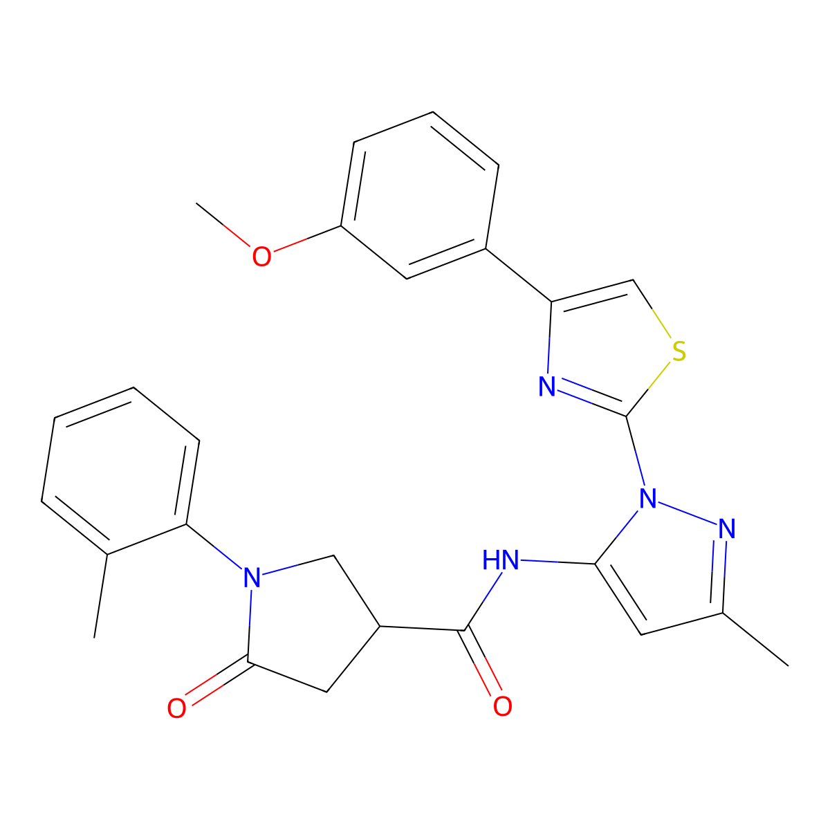 N-(1-(4-(3-methoxyphenyl)thiazol-2-yl)-3-methyl-1H-pyrazol-5-yl)-5-oxo-1-(o-tolyl)pyrrolidine-3-carboxamide molecular structure, CAS 1019095-42-1