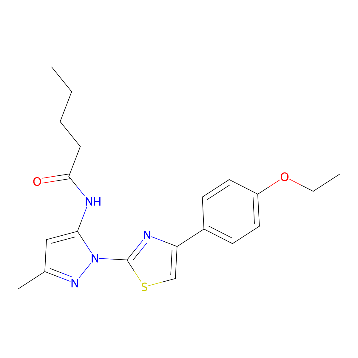 N-(1-(4-(4-ethoxyphenyl)thiazol-2-yl)-3-methyl-1H-pyrazol-5-yl)pentanamide molecular structure, CAS 1019095-51-2