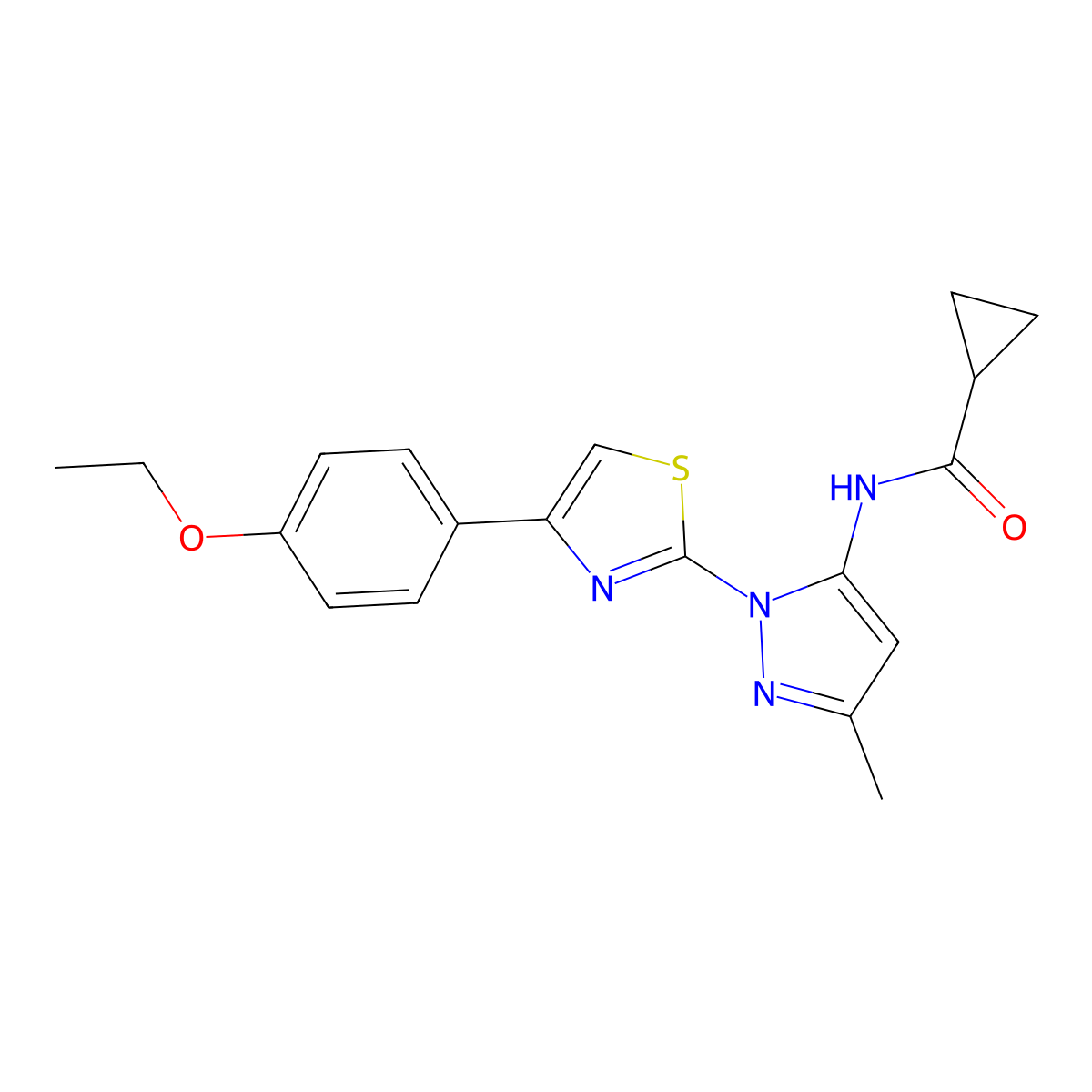 N-{1-[4-(4-ethoxyphenyl)-1,3-thiazol-2-yl]-3-methyl-1H-pyrazol-5-yl}cyclopropanecarboxamide molecular structure, CAS 1019095-54-5