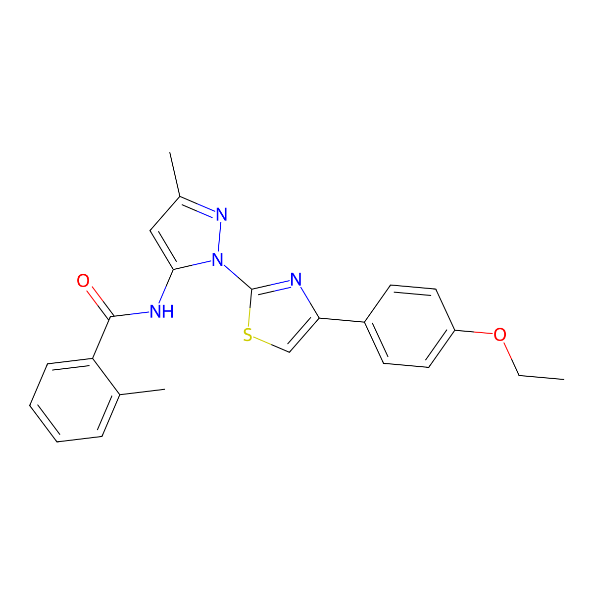 N-(1-(4-(4-ethoxyphenyl)thiazol-2-yl)-3-methyl-1H-pyrazol-5-yl)-2-methylbenzamide molecular structure, CAS 1019095-59-0