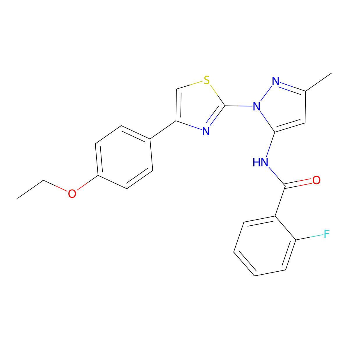 N-(1-(4-(4-ethoxyphenyl)thiazol-2-yl)-3-methyl-1H-pyrazol-5-yl)-2-fluorobenzamide molecular structure, CAS 1019095-61-4