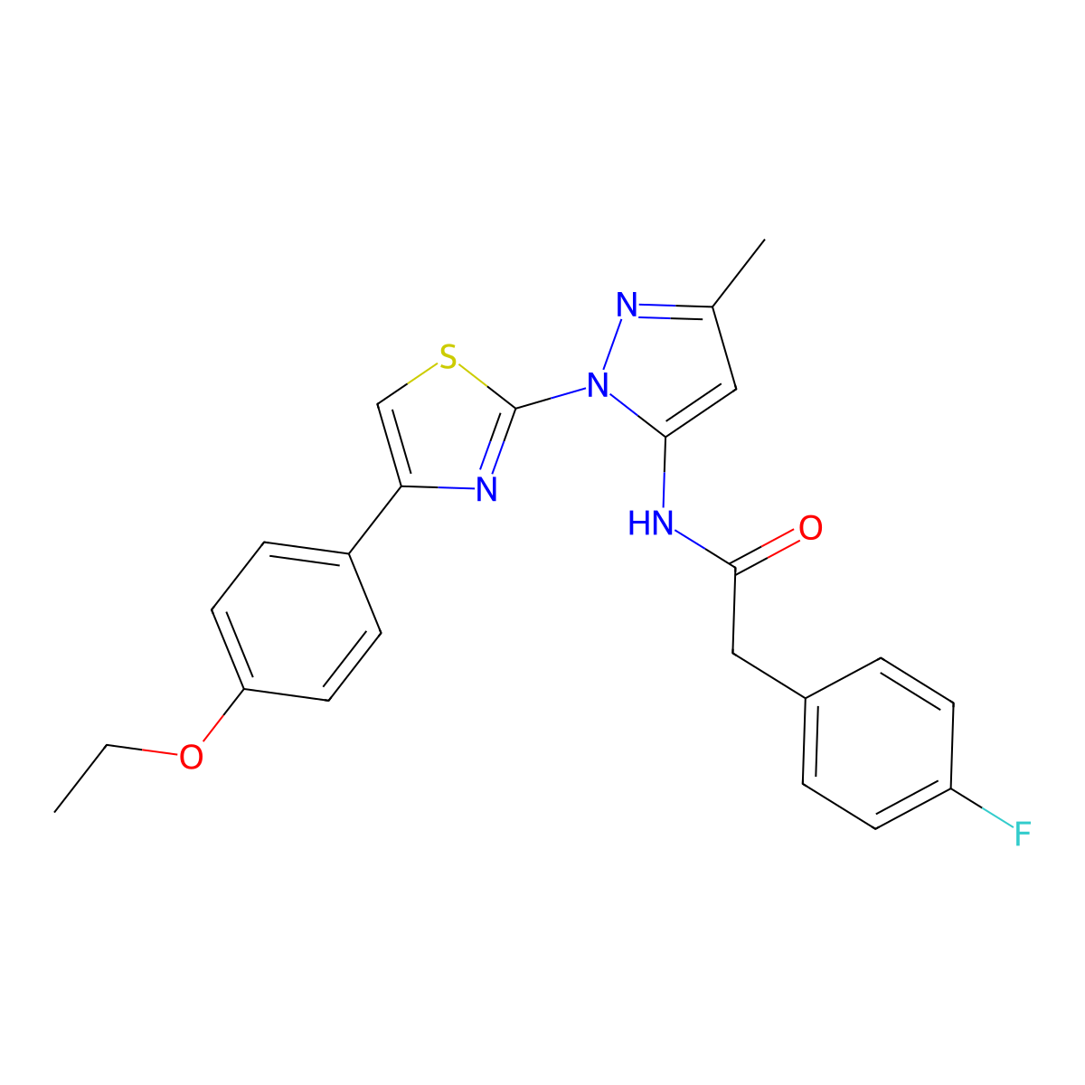 N-(1-(4-(4-ethoxyphenyl)thiazol-2-yl)-3-methyl-1H-pyrazol-5-yl)-2-(4-fluorophenyl)acetamide molecular structure, CAS 1019095-71-6