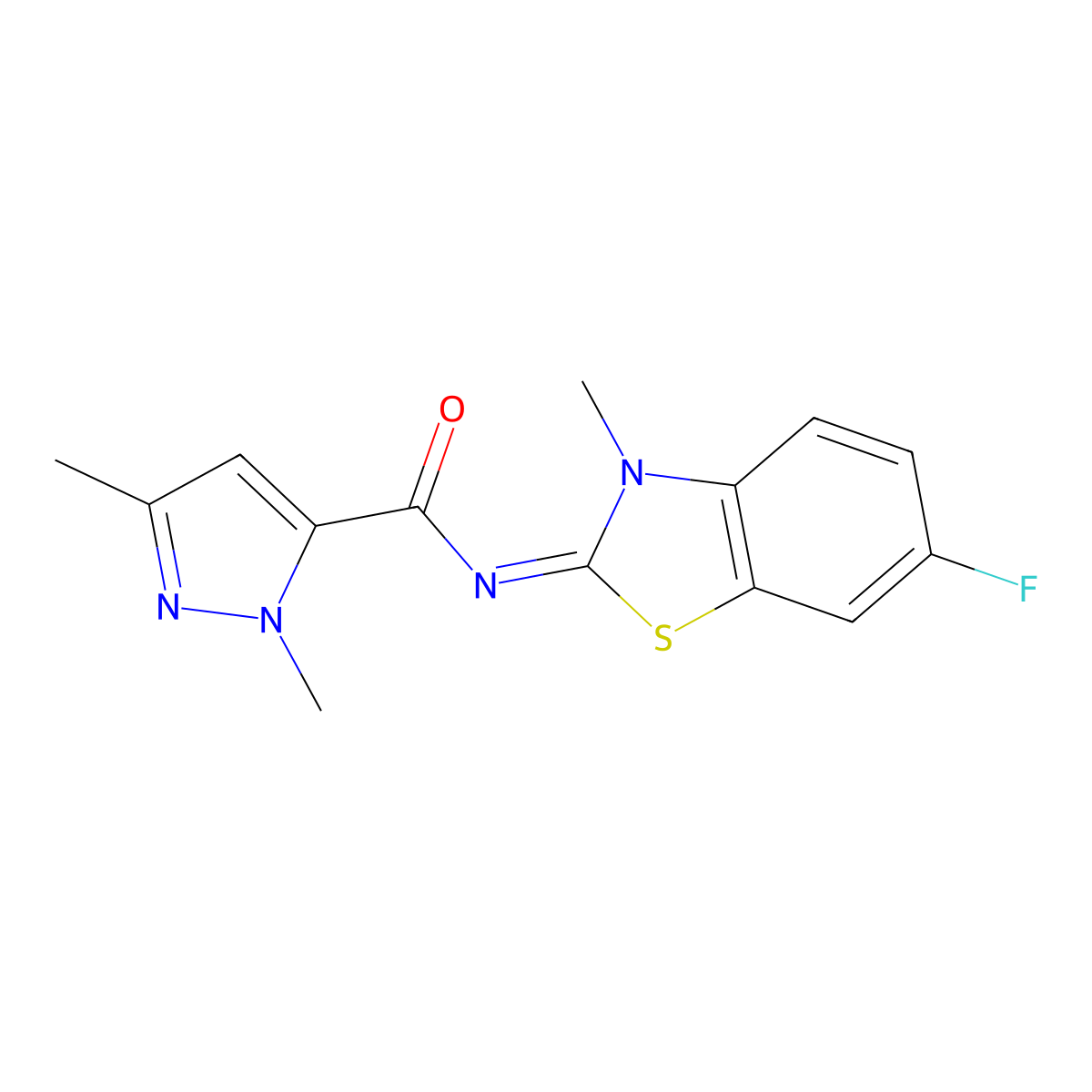 N-(6-fluoro-3-methylbenzo[d]thiazol-2(3H)-ylidene)-1,3-dimethyl-1H-pyrazole-5-carboxamide molecular structure, CAS 1019095-72-7