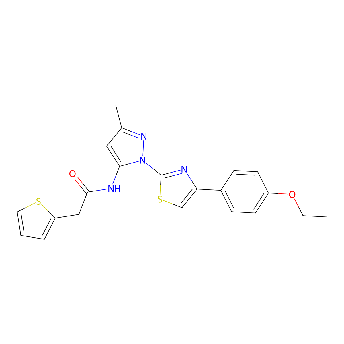 N-(1-(4-(4-ethoxyphenyl)thiazol-2-yl)-3-methyl-1H-pyrazol-5-yl)-2-(thiophen-2-yl)acetamide molecular structure, CAS 1019095-75-0